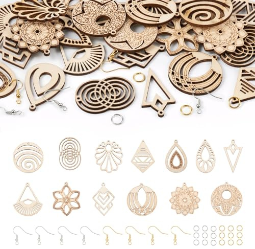 PandaHall Lot de 48 pendentifs en bois naturel brut en filigrane avec motifs floraux géométriques - Goutte, plat, rond - Pour la fabrication de boucles d'oreilles boho