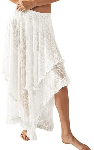 Yimoon Gonne in Pizzo per Le Donne Maxi Gonna Lunga Elastica Asimmetrica a Strati Trasparente, Bianco, L