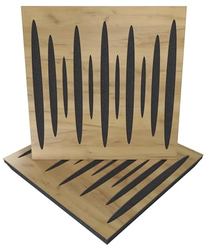 Ljudabsorberande och diffuserande akustikpanel, 50 x 50 x 5 cm, absorption, diffusion, reflektion, ljudisolering, isolering, trä, perforerad, laminerad: (2 x PULSAR, ek)