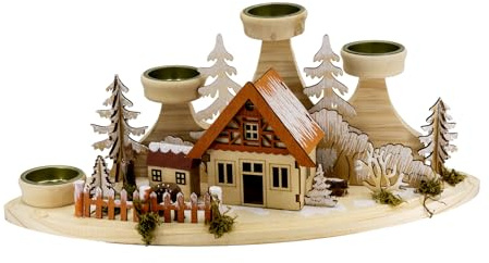 Kaladia Weihnachts- Teelichthaus - handgefertigte Holzszene mit dem charmanten Fachwerkhaus -3 stilvolle Kerzenhaltern - Abmessungen von 37x17x15 cm - traditionelle Handwerkskunst/Weihnachtsdekoration