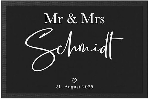 Mr & Mrs Fußmatte zur Hochzeit personalisiert als Einzugsgeschenk Wohnung | Personalisiert, aus Polyester mit Gummi-Rückseite, Geschenk zum Einzug, Hochzeitsgeschenk, Schmutzfangmatte