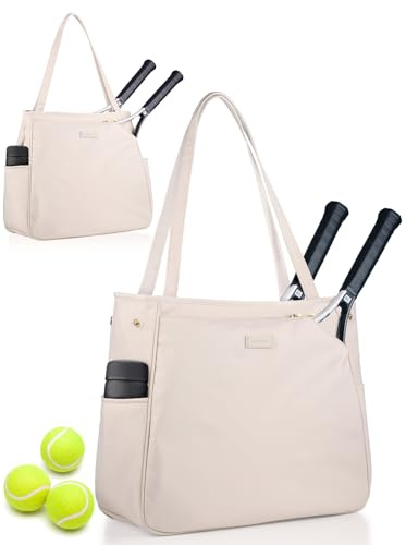 CHICECO Tennis Tote Bag for Women, Large Tennis Racket Bag, 2 Racket Capacity, Beige