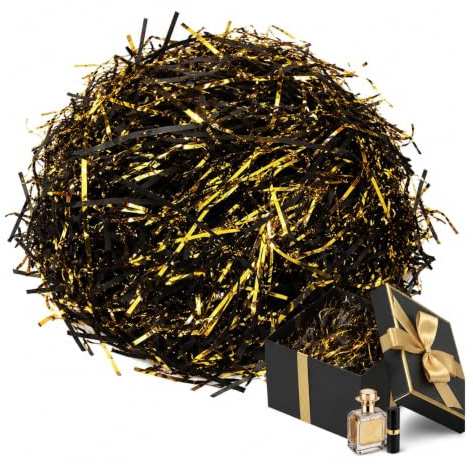 PMELCXD Füllmaterial Geschenk Schwarz und Gold, Bast Krepppapier - Geschenkkorb Korb für Geschenke mit Holzwolle, Gräser und Rosa Krepppapier - Einzigartiges Bio-Dekorationsmaterial, 200g