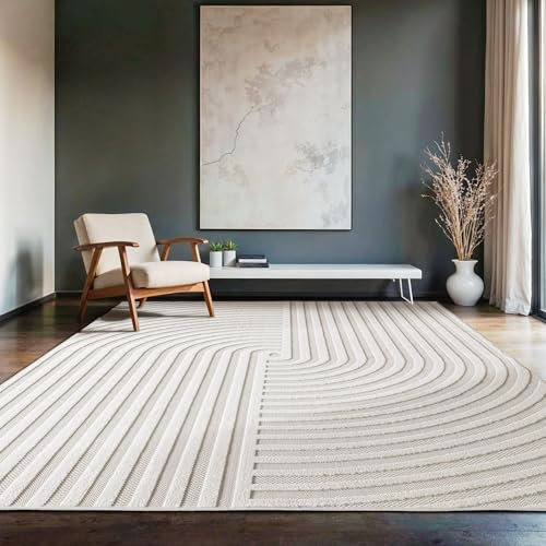 SIMPEX Indoor Outdoor Teppich wetterfest 140x200 cm, 3D Optik, Modern Boho Design, waschbar, Natur Creme Farbe, Wohnzimmer, Schlafzimmer, Terrassenteppich