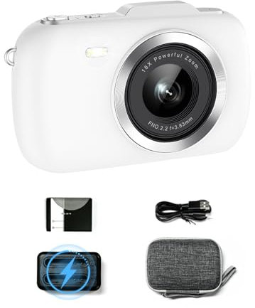 Ade 4K Digitalkamera, 64MP Autofokus Fotoapparat Digitalkamera mit 32GB Karte 18X Digitalzoom Tragbare Kamera Kompaktkamera für Einsteiger und Kinder, Ladestation, Kameratasche, Weiß