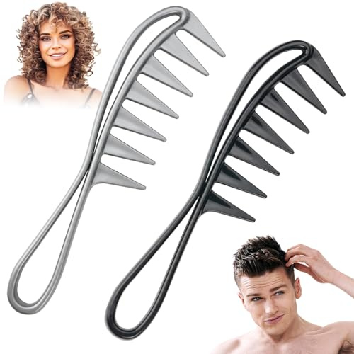 2 Pièces Peigne à Dents Larges, Peigne de Requin, Peigne à Cheveux Bouclés, Peigne à Dents Larges professionnel Anti-Statique Résistant à la Chaleur, pour Différents Types de Cheveux (Noir + Gris)