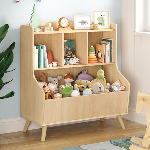 LUE BONA Estanteria Montessori con 3 Abiertos Compartimentos,Librería Infantil,Caja de Juguetes Móvil Multifuncional para Habitación de los Niños y Sala de Juegos,36 × 61 × 71 cm,Beige