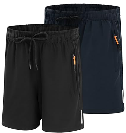 LACOFIA Set med 2 lätta, snabbtorkande sommarshorts för pojkar med dragkedjefickor, elastisk midja, 6–14 år, 8-9 ans