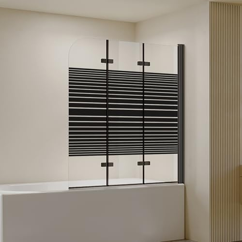AmuseVera Duschwand für Badewanne Faltbar 3-teilig Schwarz 120 x 140 cm Badewannenaufsatz Duschabtrennung mit Streifen Milchglas Badewannenfaltwand aus 6mm ESG Sicherheitsglas mit Nano-Beschichtung