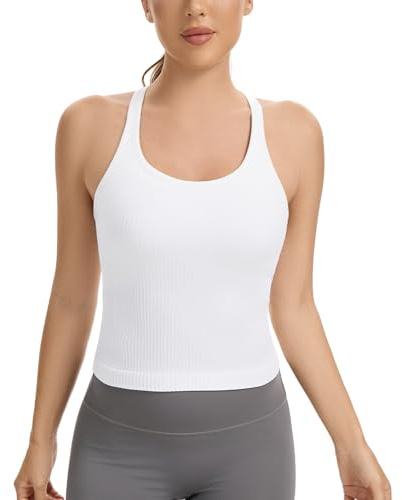 Lemef Vest Top with Built in Bra Sports Top for Women Ribbed Gym Tank Top Racerback Workout Yoga Shirt White M