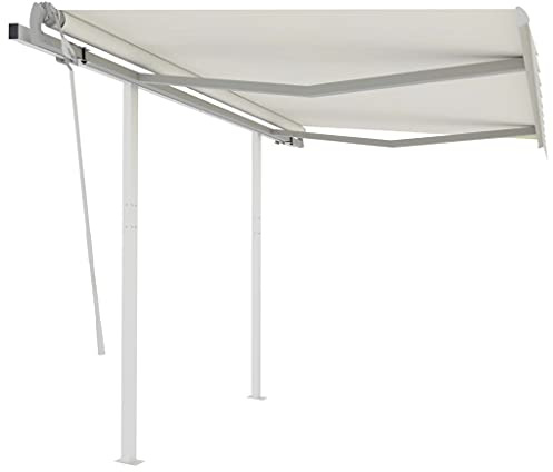 Qnhdfrt Freistehende Markise Manuell Einziehbar 3,5 x 2,5 m Creme mit Pfosten und Kurbel – Robustes Sonnensegel für Terrasse und Balkon