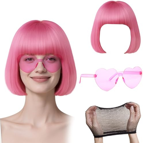 GWAWG Perücke Bob Rosa Pfirsich und Sonnenbrillen-Set Partyrama, Neon, Shorts, Bob Wig, Sonnenbrille, Kostüm, bunt, Cosplay, Perücke, quadratischer Schnitt, klassisch