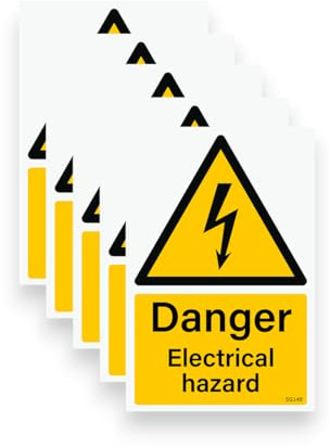 5 PACK - Sticker Gold - 10cm Danger Electrical Hazard Self Adhesive Stickers - Sign, Warning, Shock, Voltage, Cupbaord, Door, SG148