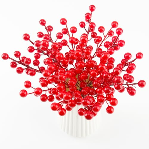 LEIMEND 30 Pezzi Bacche di Natale Artificiali Bacche Rosse Natalizie Bacca Rossa Pigne per Vaso di Natale Agrifoglio Decorativo Decorazioni Albero di Natale Artigianali per la Casa