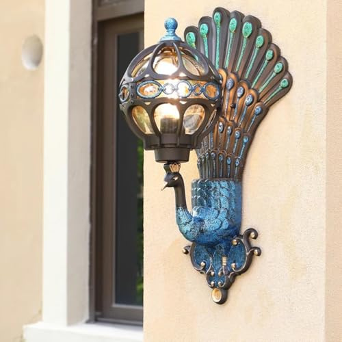 AoLa Farbige Pfau Wandleuchte Außen IP54 Wasserdichte Wandlampe E27 Kreativ Peacock Tier Deko Outdoor Lampe Vintage Landhaus Gartenlampe aus Glas und Aluminium fur Balkon Terrasse Garten Backdrop