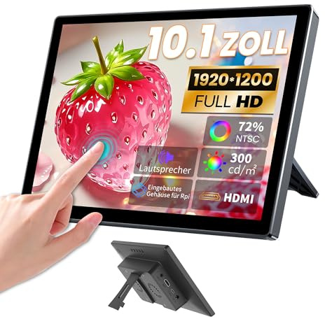 Ueplain 10.1 Zoll Tragbarer Touchscreen Monitor für Raspberry Pi, FHD Display mit Gehäuse, Lautsprecher, HDMI-Eingang, kompatibel mit Raspberry Pi 5/4B/3B+/3B/B+ Jetson Nano Win11/10/8/7/PC