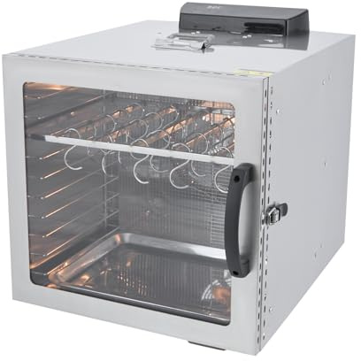 Edelstahl Dörrautomat-1000W 42,5 L，inkl 20 Aufhänger. Präzise Temperaturkontrolle -30–90 °C- mit 24-h-Timer. Ideal für Beef Jerky, Wurst, Fisch und Obst.