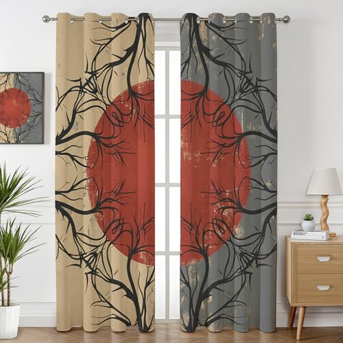 Havenix Zen Japanischer Stil Vorhänge Blickdicht Gardinen mit ösen Abstraktes Baum Motiv Vorhang 220 cm Lang Verdunklungsvorhänge für Schlafzimmer Wohnzimmer Fenster Thermovorhang 2er Set