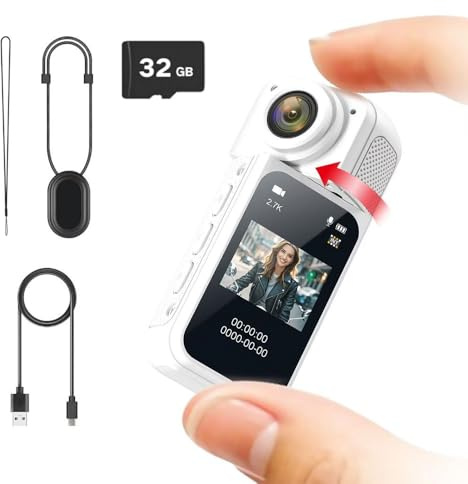 Minicámara de acción Bolsillo 2.7K 1080P, cámara Deportiva 1.47 Pulgadas, ángulo 180°, grabación Wi-Fi, Soporte magnético(White)