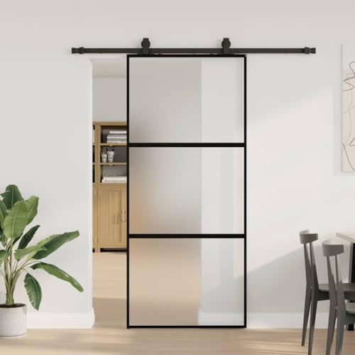 ACAGALA Glasschiebetür Komplettset 90x205 cm, Schiebetürsystem Inkl. Schiebetürbeschlag, Zimmertüren Schiebetür aus Hartglas, Gleitschiene 183, Schwarz und matt