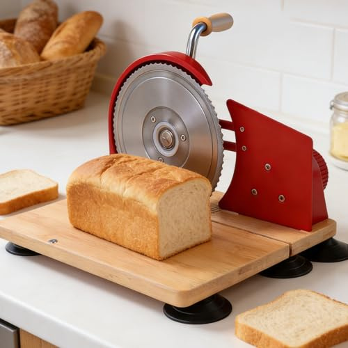 Generic Manuell Brödskärare, Tandad Rostfritt Stål med Ergonomiskt Handtag, Justerbar Tjocklek för Surdegslimpor Kök (röd)