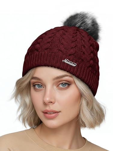 Neverless® Damen Strickmütze mit Fleecefutter Pudelmütze Wintermütze Warm & Gefüttert mit Bommel Model 1975 Bordeaux Unisize