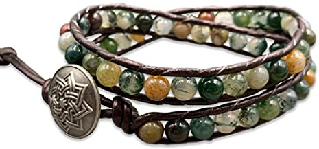 Majas Perlen Wickelarmband Indischer Achat und Leder - echte Edelsteinperlen 6mm - zweifach gewickeltes Perlenarmband Boho und Festival Stil - Edelstein nach Wunsch - Handmade Personalisierbar