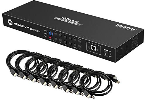 TESmart 16 Port HDMI KVM Switch 4K@30Hz Ultra HD | 16x1 KVM-Umschalter 16 PC 1 Monitor unterstützt IR-Fernbedienung, RS-232&LAN-Steuerung mit extra USB 2.0-Port und 8x1,5m KVM-Kabel-Mattschwarz