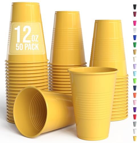 Exquisite Party Solids 12 Oz Yellow Plastic Cups For Party Supplies 50 Pack | Yellow Disposable Cups Plastic | Disposable Drinkware For Parties, Events & Everyday