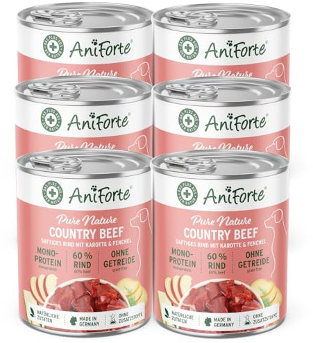 AniForte Hundefutter Nass CountryBeef 6 x 400g – Getreidefreies Nassfutter für Hunde, Frisches Rind mit Gemüse & Früchten, hoher Fleischanteil