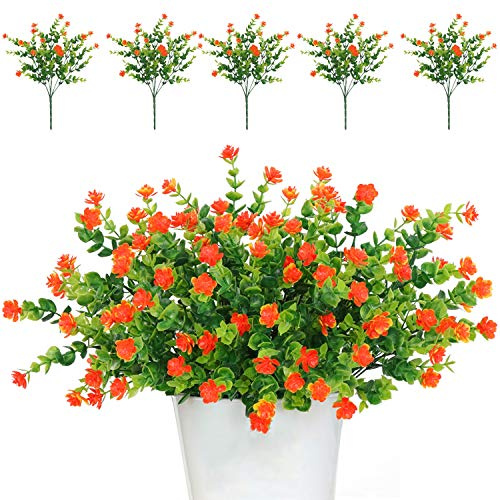 TSHAOUN Lot de 5 Bouquets de Fleurs Artificielles, Plantes de Verdure Résistantes aux UV pour Extérieur,Intérieur,Balcon,Jardin,Bureau,Mariage,Fête Décor (Orange Rouge)