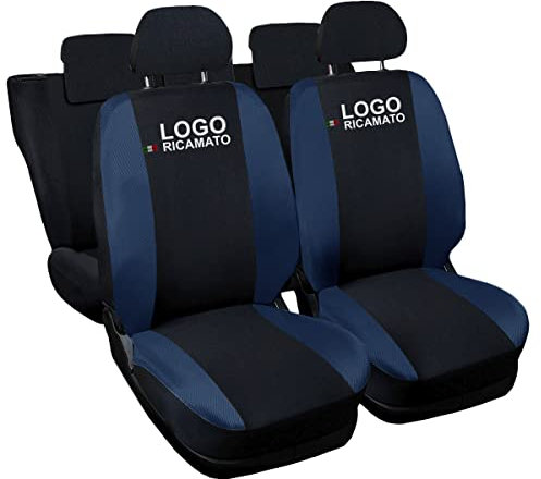 Rebeca Shop® Autositzbezüge, kompatibel mit A3, hergestellt in Italien, Set für Vorder- und Rücksitze, gesticktes Logo, kompatibel mit Airbag, für den Innenbereich (Schwarz/Dunkelblau)