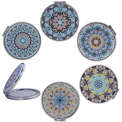 CigyYogy Taschenspiegel Klein Rund Klappbar,Vergrößerungs Kompaktspiegel Doppelseitiger, Kosmetikspiegel mit 2-facher Vergrößerung Geprägte Mandala Designs für Mädchen Frauen Kinder Lady 6er Pack