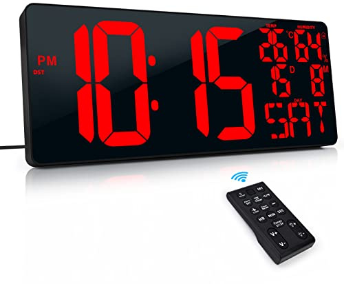 XREXS 18 Inch Extra Large Digital Wall Clock with Remote Control, Plug-in | Large LED Display, Timer, Auto-Dimming, Alarm, Day/Date/Temp/Humidity/DST Display, For Home Office, Living Room & Gym