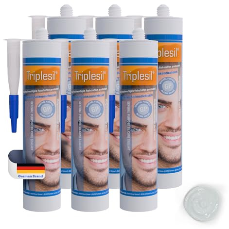 Triplesil Premium Mastic Silicone – 6 x 310 ml Cartouche de Silicone Universel pour Salle de Bain-Cuisine –Mastic Silicone pour Salle de Bain et Cuisine – Étanchéité Tous Matériaux (transparent)