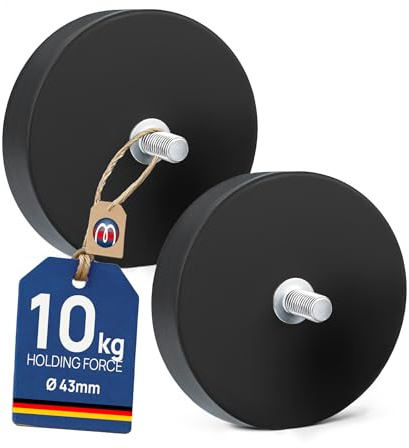 2 x Neodym Magnet-System gummiert Ø 43 mm mit Gewinde-Zapfen (Außen-Gewinde): M6 - Haftkraft 10 kg - Starke Magnete mit Gummi-Mantel Anti-Rutsch Beschichtung - 2 Stück