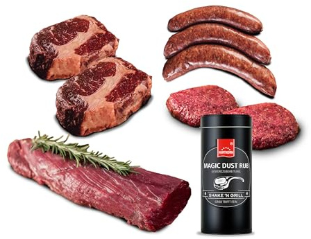 Büffel Bill BBQ Box I Büffelfleisch Grillpaket für Genießer I Original vom italienischen Wasserbüffel I Bratwurst, Gourmet Burger, Steak & Grillgewürz