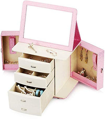 BONOOL Schmuckkästchen, PU-Leder, Schmucktruhe für Ringe, Halsketten, Geschenkaufbewahrung mit Spiegel, Schmuck-Organizer, Schmuckkästchen für Damen