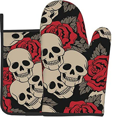 Black Skull With Roses Kitchen Baking 2-Piece Set (Insulated Gloves+Pot Mat) Is Protective Glove That Blocks High Temperature Heat, Used For Kitchen Baking, Cooking, And Outdoor Barbecue.
