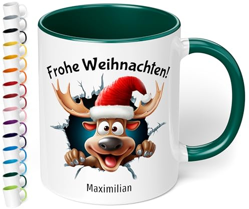 Weihnachtstasse mit Namen personalisiert „Frohe Weihnachten!“ - mit 3D Rentier-Motiv - 330ml Keramik Kaffeebecher mit Spruch – Geschenk zu Weihnachten für Kollegen & Familie (Dunkelgrün)