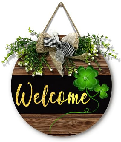 Dacawin St. Patrick's Day Willkommens-Türschild, Frühlings-Golddruck, Holzschilder zum Aufhängen, mit Kranz, Kleeblatt, Haustürschild mit Schleife, für St. Patrick's Day, rustikale