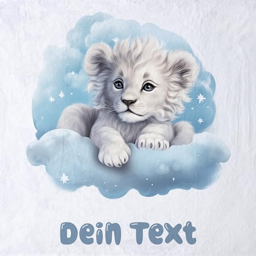 GRAZDesign Babydecke mit Namen personalisiert Kleiner Löwe auf Wolke blau flauschig, Baby Kuscheldecke zur Geburt, Geburtstag, Weihnachten 100x75cm - Kuscheldecke