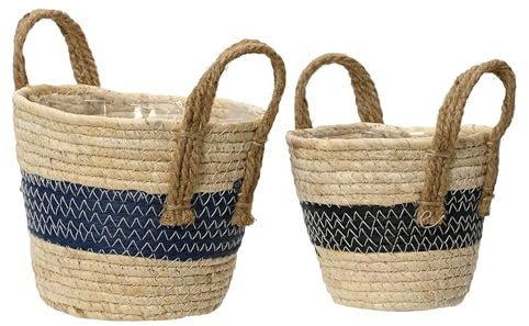 KSD Blumentopf Korb geflochten 14-17cm 2er Set - Flechtkorb mit Henkel Boho Stil Natur Blau Schwarz - Indoor Übertopf Blumen Pflanzen - Deko Blumenkorb Pflanzenkorb - Dekokorb Aufbewahrungskorb