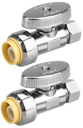 2pcs Stop Valves, 1/2 × 3/8 Straight Stop Valve, 1/2 PTC Input, 3/8 OD Compression Output, Push to Connect, 1/4 Turn, Chrome Plated Brass for Faucet, No Lead