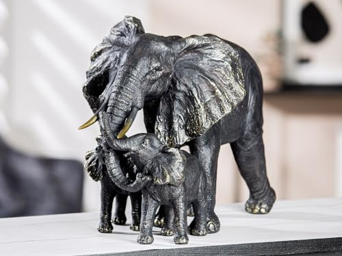 Casablanca Deko Familienbande Elefant mit 2 kleinen Elefanten - Tierfigur Elefantenfamilie Kunstharz Schwarz - Breite 39,5 cm