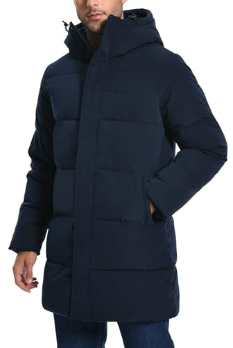 Pioneer Camp Giacca invernale da uomo lunga, impermeabile e antivento, calda giacca invernale con cappuccio, parka da esterno con imbottitura in piuma, Blu scuro, S