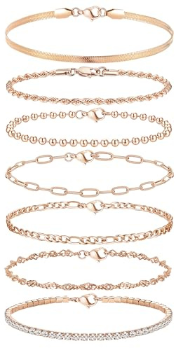 Adramata 7Pcs Ketten Armbander Gold Silber Edelstahl Armbänder Set Damen | 14 Karat Vergoldet Armkette,Twist Figaro Armbänder,Verstellbar Wasserfester Rosegold Gold Silber Armbander für Damen