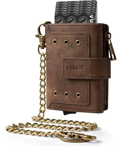 VULKIT Portefeuille Intelligent Homme avec Chaîne, Éjecteur de Cartes en Aluminium Sécurisé RFID, Fenêtre d'Identité, Poche à Pièces Fermeture Éclair + Compartiment à Billets - Boîte Cadeau (Café)