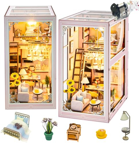 DIY dockhus Booknook bokhylla insats 3D träpussel bokstöd för bok/rumsdekor, miniatyrmodellhus med LED-ljus bokkit för födelsedagspresenter alla hjärtans dag gåvor