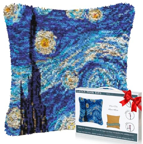 EsLuker.ly DIY Latch Hook Pillow Kits for Adults, Starry Sky Patterns Pre-Printed Canvas Pillow Making Set, Beginner Cushion Cover Latch Hook Kit, Creative Craft for Family Fun Home Decor